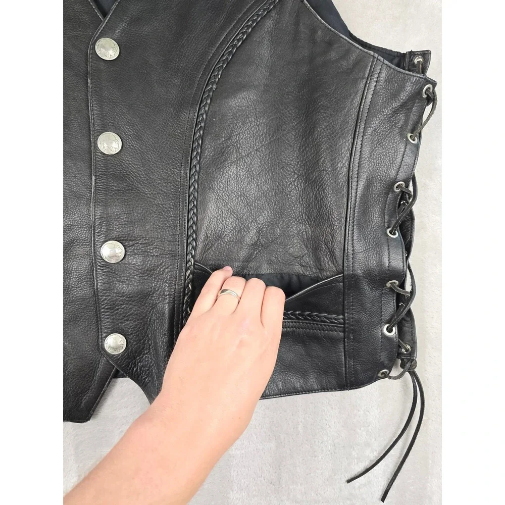 Pro-Rider Premium Leather Biker Vest Mens 50 Black Buffalo Buttons Side Lace Up